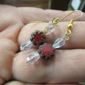 Czechoslovakia Clear and Red Glass Earrings